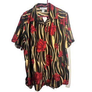 a personal touch short sleeve gold black rose button up shirt plus size 1X USA